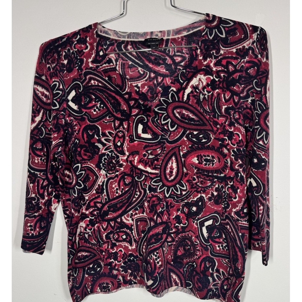 Talbots Pure Merino Wool Lightweight Red And Black Paisley V-Neck Sweater‎ Sz XL